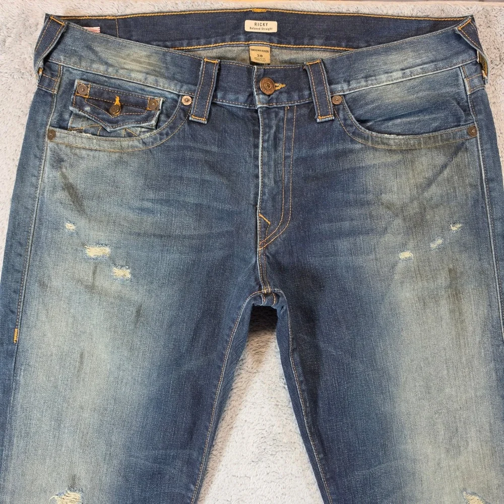 Vtg True Religion Ricky Jeans Mens 38 (Fits 40) Blue Relaxed Y2K Distressed USA